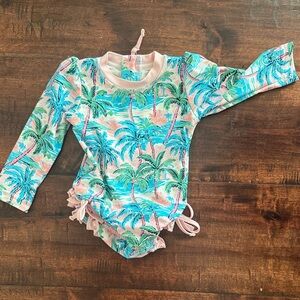 Caden Lane Palm Print Long-Sleeve Rashguard Swimsuit - Teal, Pink, Green
